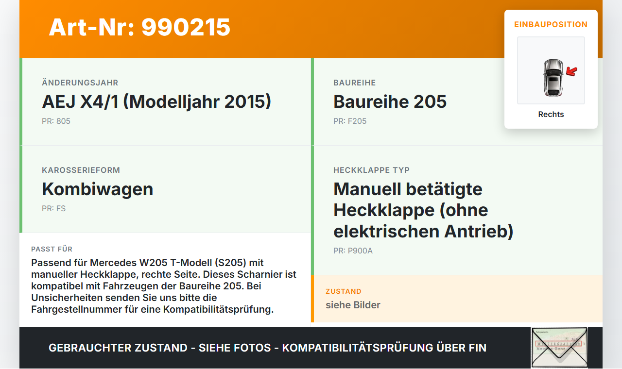 Mercedes S205 W205 14-18 Kombi Scharniere Scharnier für Heckklappe Rechts Mercedes S205 W205 14-18 16.04.2015... Vorschau 3