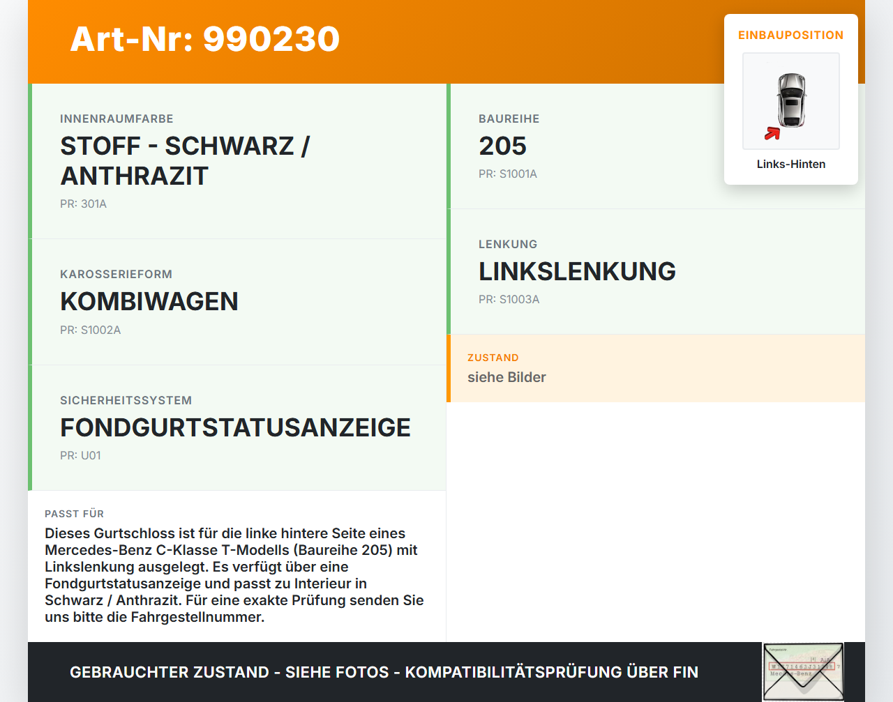 Mercedes S205 W205 14-18 Kombi Gurtschloss Links Hinten Mercedes S205 W205 14-18 16.04.2015 A2058600369 gebraucht Vorschau 3