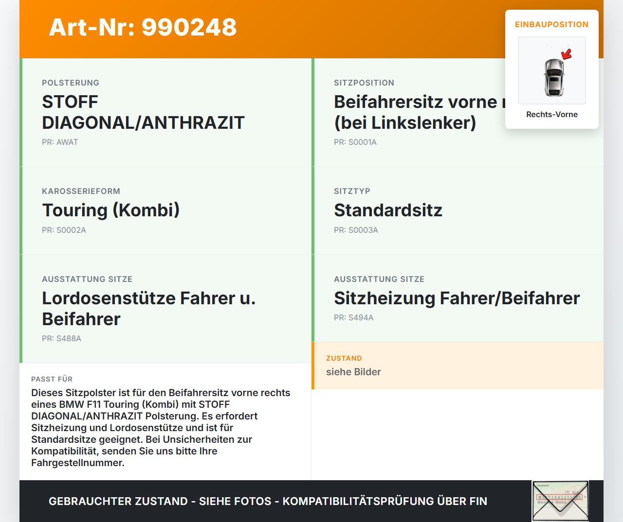 BMW F11 520d 10-13 Kombi Sitzbezug Sitzpolster für Beifahrersitz Rechts Vorne beheizt BMW F11 520d 10-13 18.05.2012... Vorschau 3