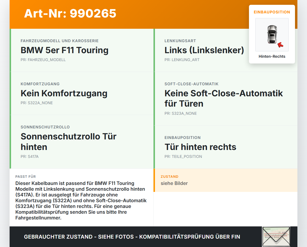 BMW F11 520d 10-13 Kombi Kabelbaum Leitungssatz für Tür und Fensterheber Hinten Rechts BMW F11 520d 10-13... Vorschau 3