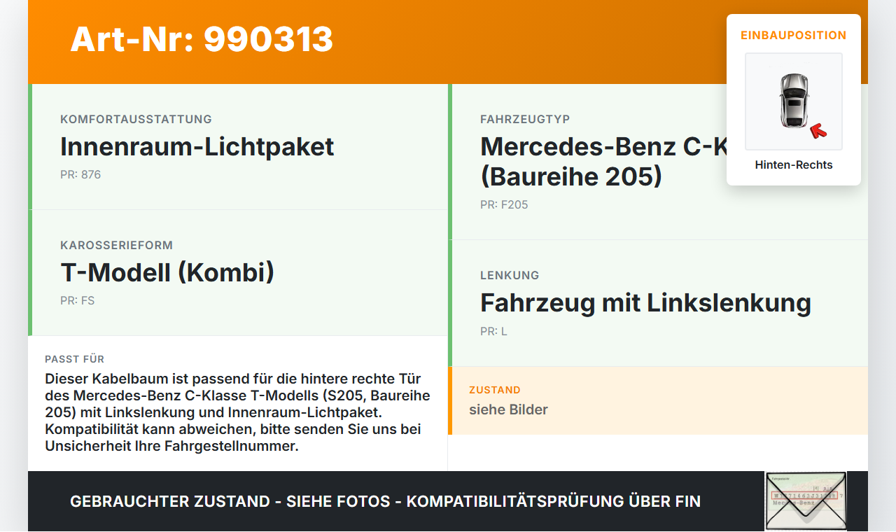 Mercedes S205 W205 14-18 Kombi Kabelbaum Leitungssatz für Tür und Fensterheber Hinten Rechts Mercedes S205 W205... Vorschau 3