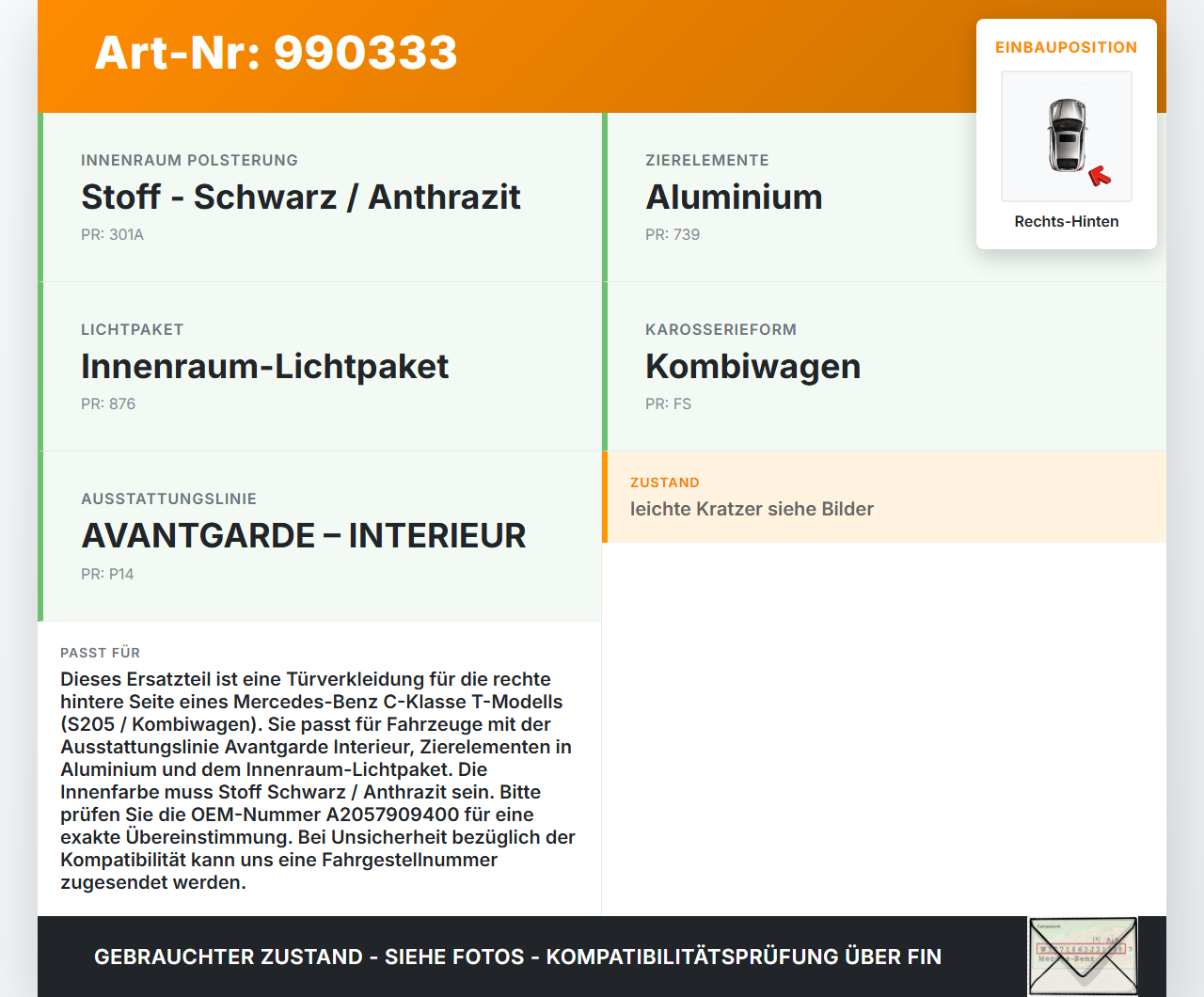 Mercedes S205 W205 14-18 Kombi Türverkleidung Türpappe Rechts Hinten Mercedes S205 W205 14-18 16.04.2015... Vorschau 3