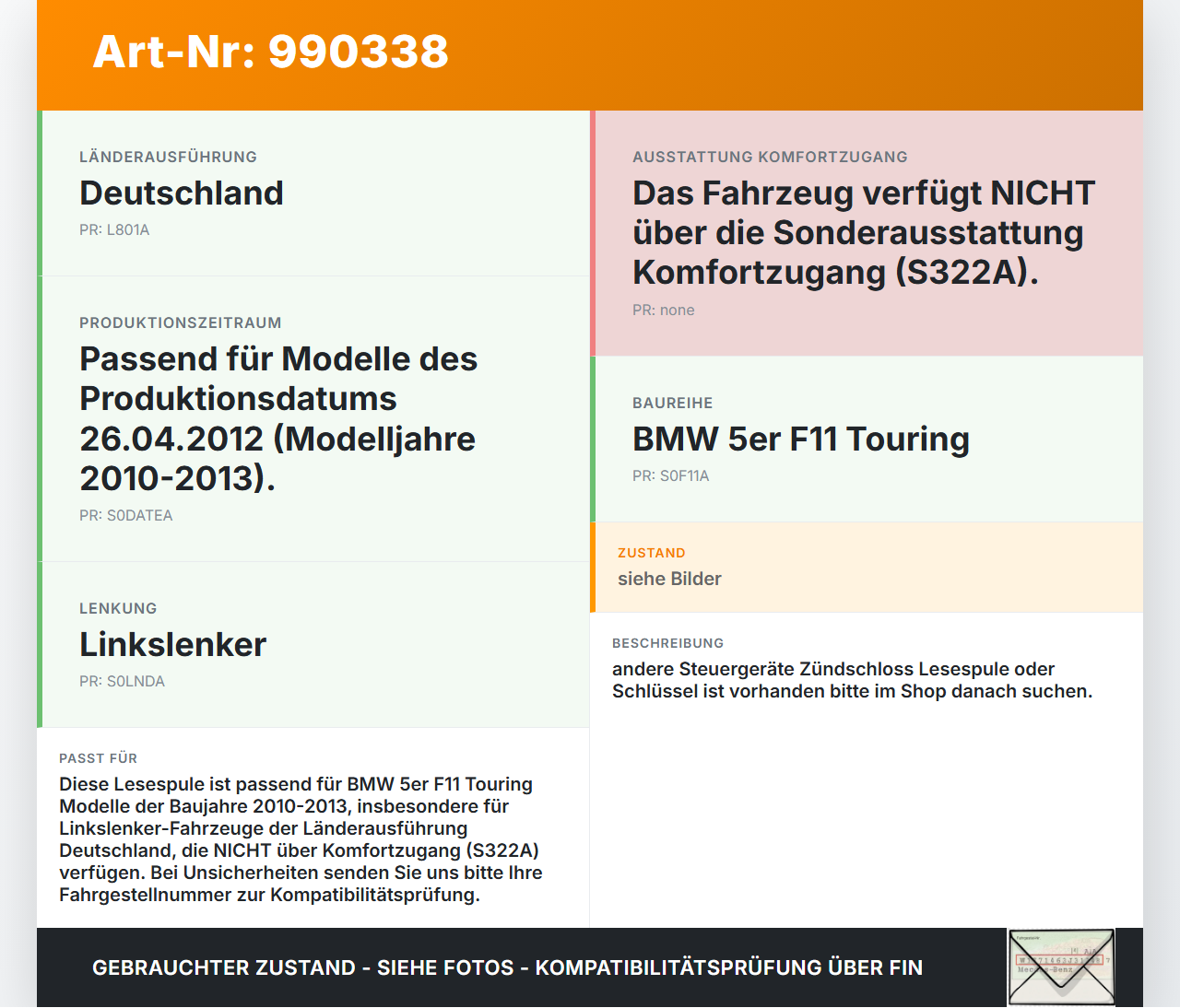 BMW F11 520d 10-13 Lesespule BMW F11 520d 10-13 18.05.2012 61319239418 9239418 5810510500 gebraucht Vorschau 3