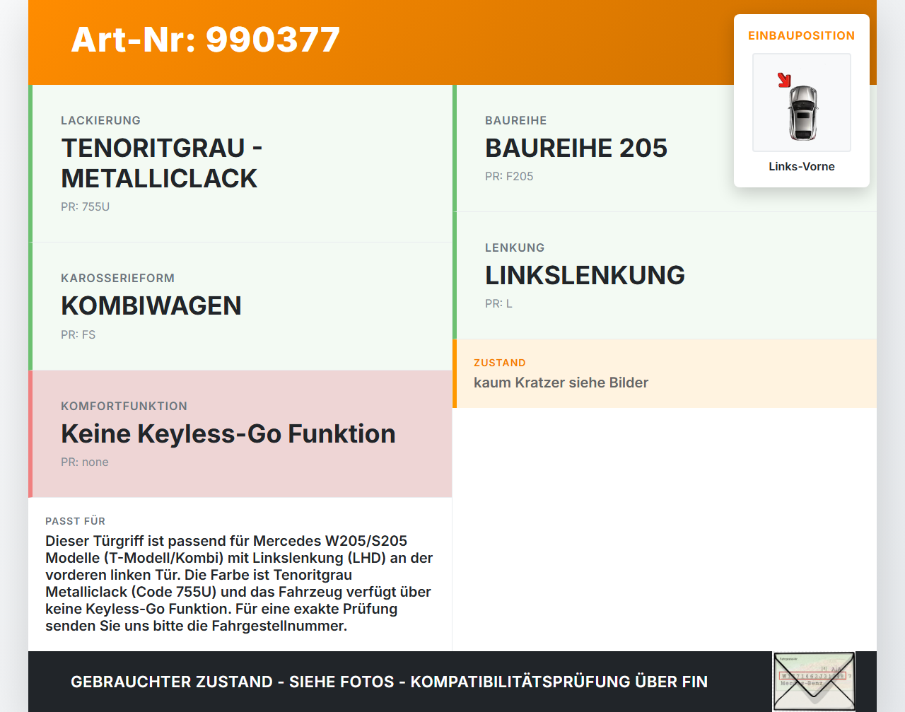 Mercedes S205 W205 14-18 Kombi Türgriff Griff aussen Links Vorne 755 Mercedes S205 W205 14-18 16.04.2015... Vorschau 3
