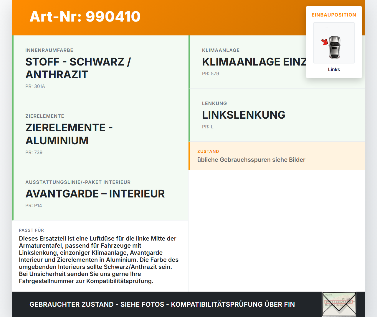 Mercedes S205 W205 14-18 Luftdusche Luftdüse Links Mitte Mercedes S205 W205 14-18 16.04.2015 A2058300201 gebraucht Vorschau 3