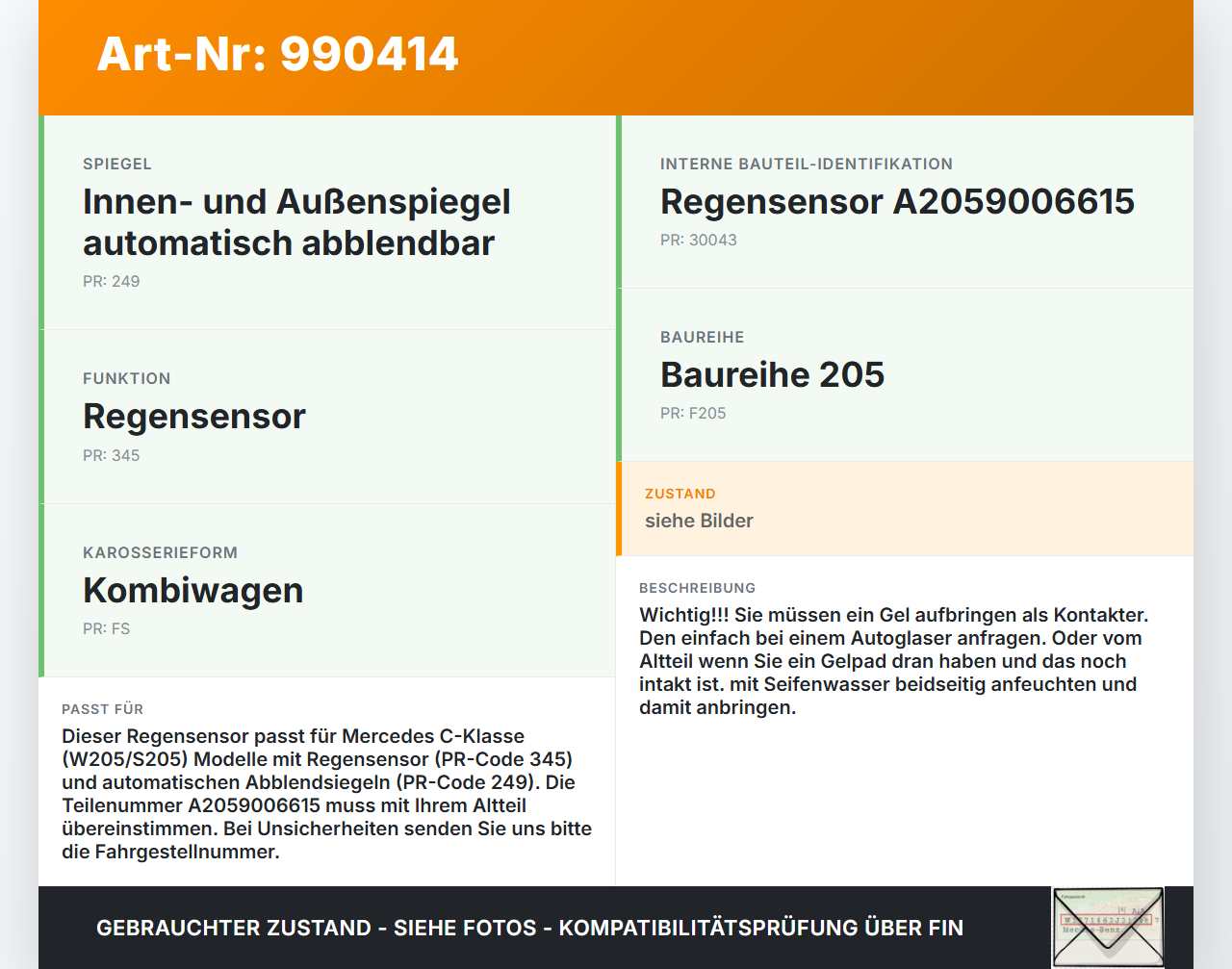 Mercedes S205 W205 14-18 Regensensor Mercedes S205 W205 14-18 16.04.2015 A2059006615 10114911-01 gebraucht Vorschau 3