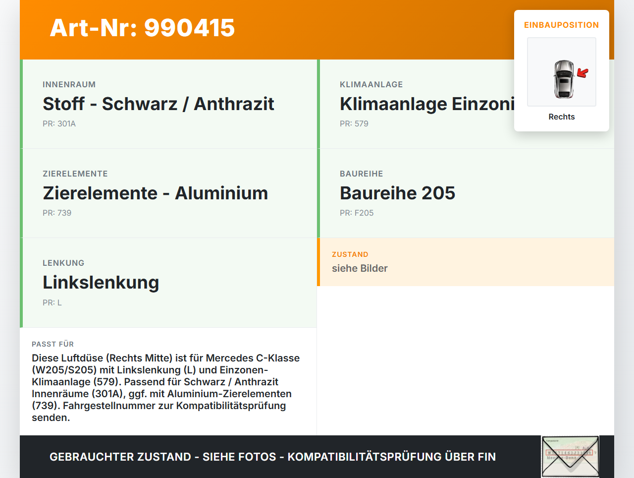 Mercedes S205 W205 14-18 Luftdusche Luftdüse Rechts Mitte Mercedes S205 W205 14-18 16.04.2015 A2053300201 gebraucht Vorschau 3
