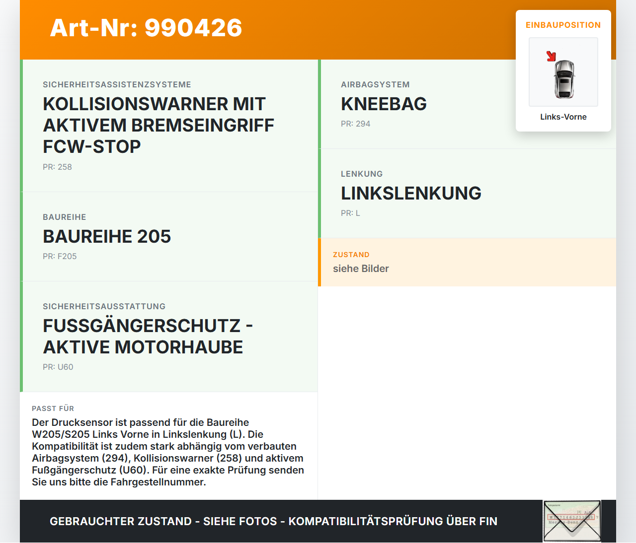 Mercedes S205 W205 14-18 Drucksensor Airbagsensor Links Vorne Mercedes S205 W205 14-18 16.04.2015 A2229051500 gebraucht Vorschau 3