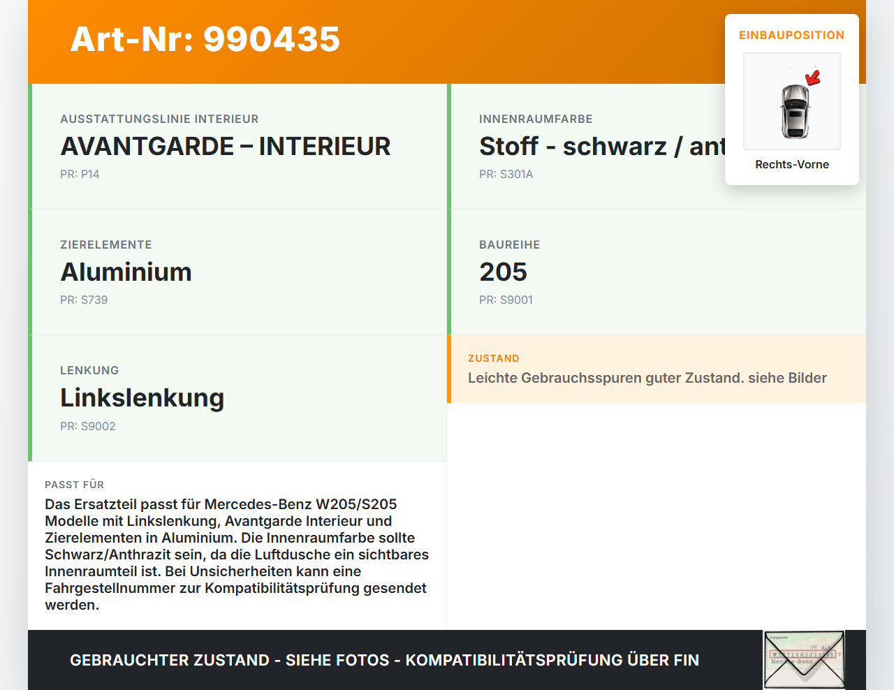Mercedes S205 W205 14-18 Luftdusche Luftdüse Rechts Vorne Mercedes S205 W205 14-18 16.04.2015 A2058301054... Vorschau 3