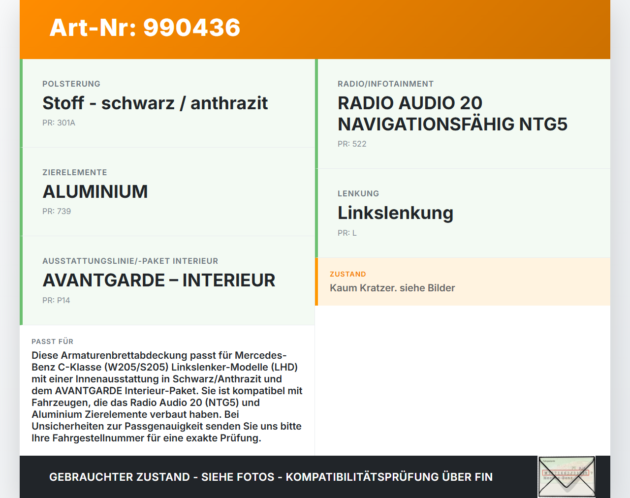 Mercedes S205 W205 14-18 Blende für Armaturenbrett Abdeckung Mercedes S205 W205 14-18 16.04.2015 A2056800471... Vorschau 3