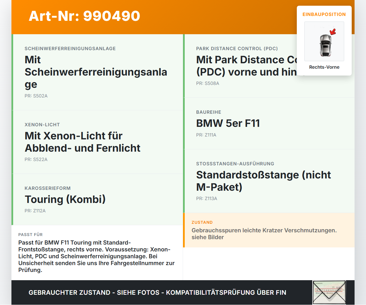 BMW F11 520d 10-13 Kombi Halter Träger Aufnahme Führung für Stoßstange Rechts Vorne BMW F11 520d 10-13 18.05.2012... Vorschau 3