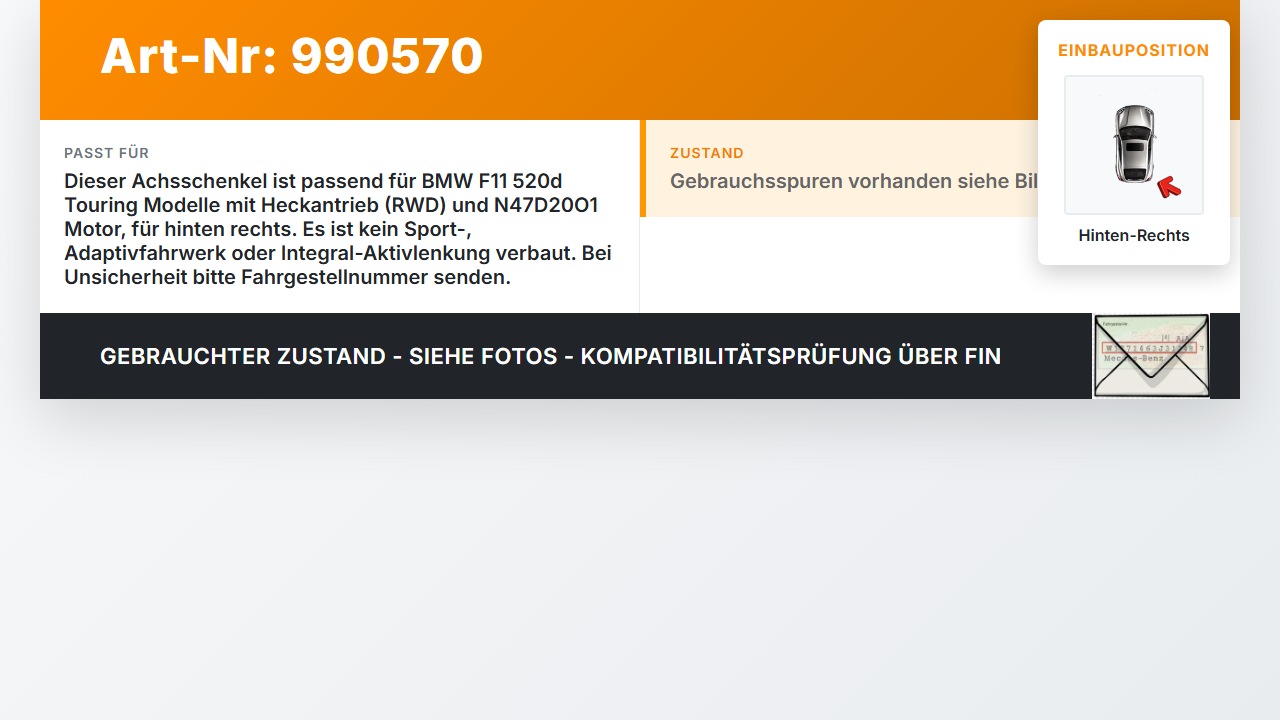 BMW F11 520d 10-13 Kombi 2,0 135KW Achsschenkel Radnabe Hinten Rechts BMW F11 520d 10-13 18.05.2012 6796100... Vorschau 3