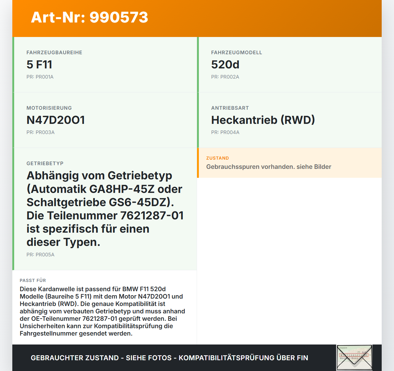 BMW F11 520d 10-13 2,0 135KW Kardanwelle Gelenkwelle BMW F11 520d 10-13 18.05.2012 7621287 26107621287 7621287-01... Vorschau 3