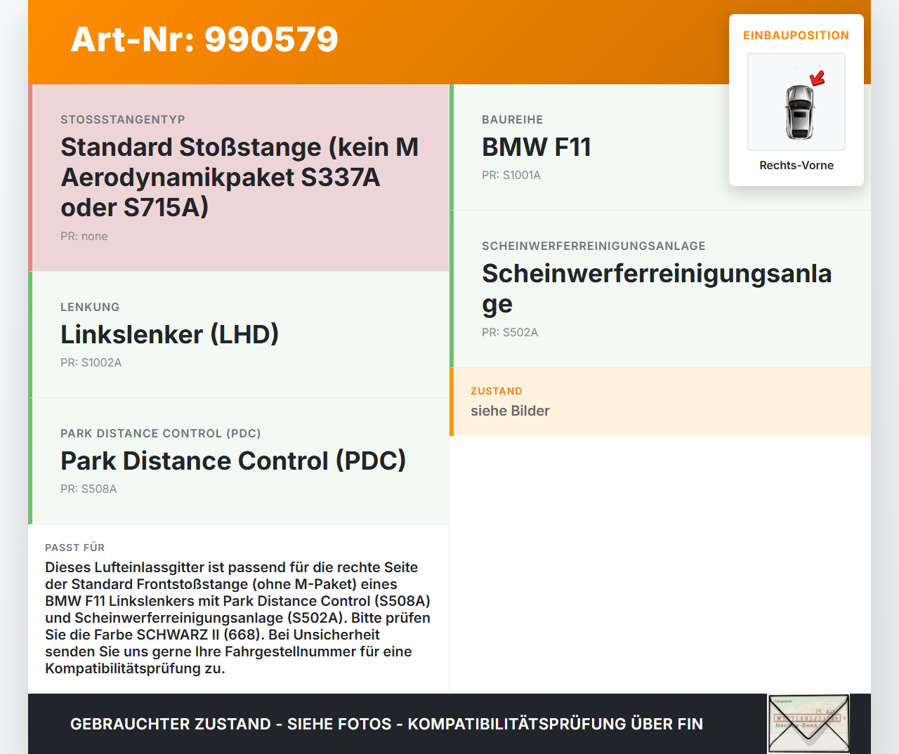 BMW F11 520d 10-13 Lufteinlassgitter Rechts für Stoßstange Vorne BMW F11 520d 10-13 18.05.2012 51117200700 7200700... Vorschau 3