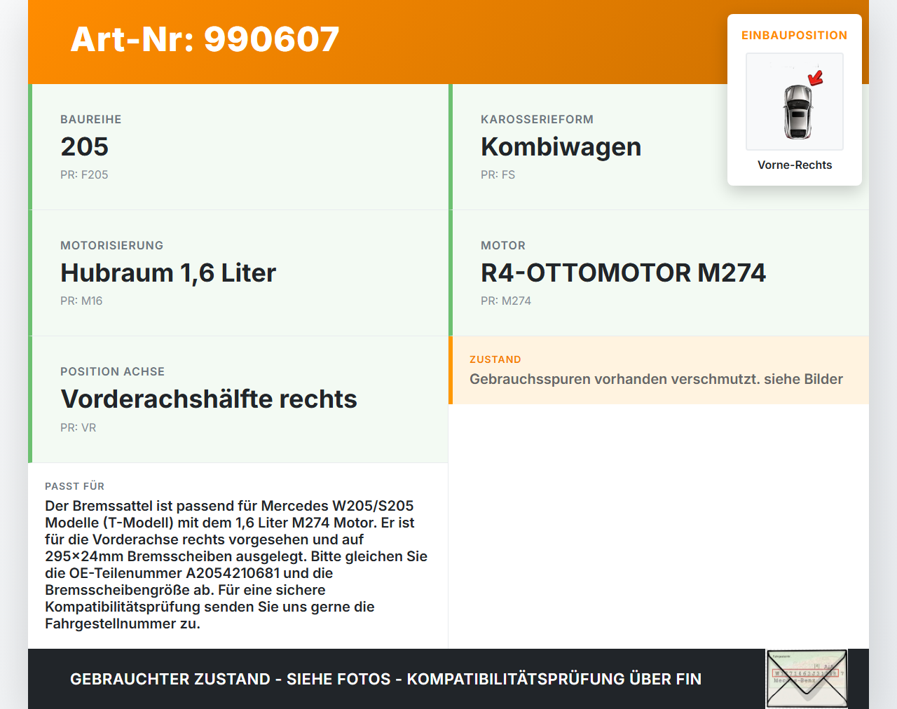 Mercedes S205 W205 14-18 1,6 115KW Bremssattel Bremszange Vorne Rechts 295x24 Mercedes S205 W205 14-18 16.04.2015... Vorschau 3