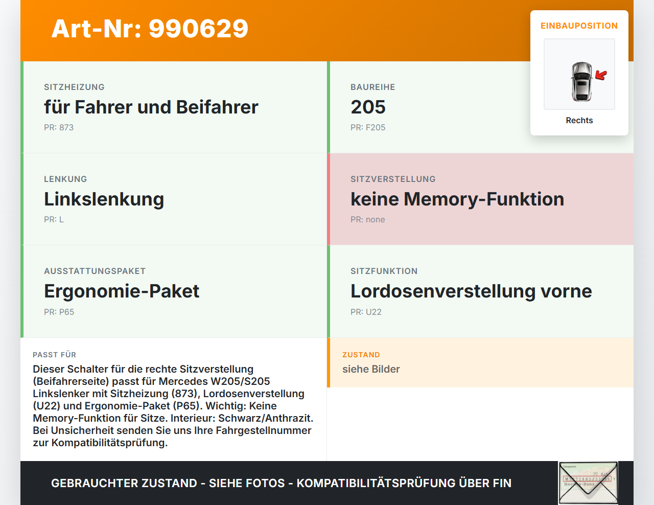 Mercedes S205 W205 14-18 Schalter Rechts für Sitzverstellung Mercedes S205 W205 14-18 16.04.2015 A2059052802... Vorschau 3