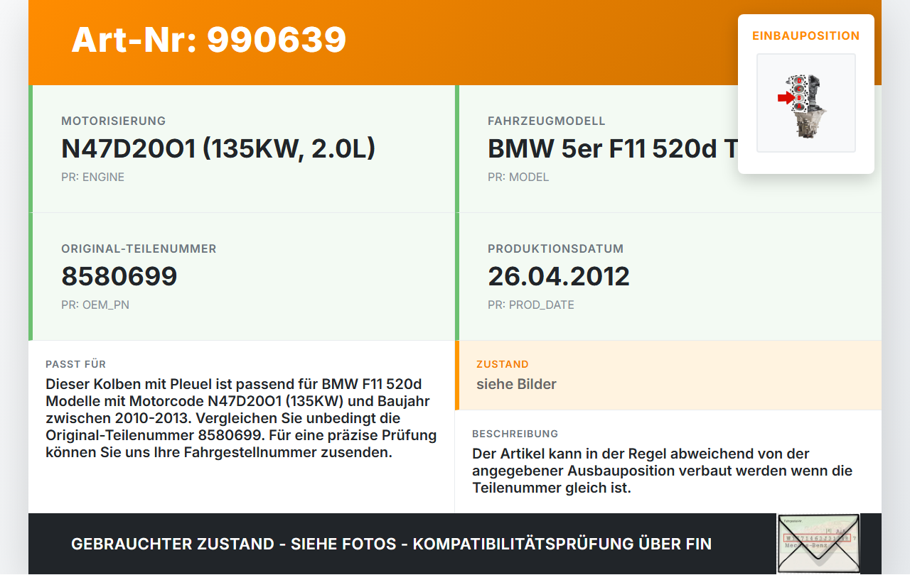 BMW F11 520d 10-13 2,0 135KW N47D20O1 Kolben mit Pleuel Pos B BMW F11 520d 10-13 18.05.2012 1125-8580699 8580699... Vorschau 3