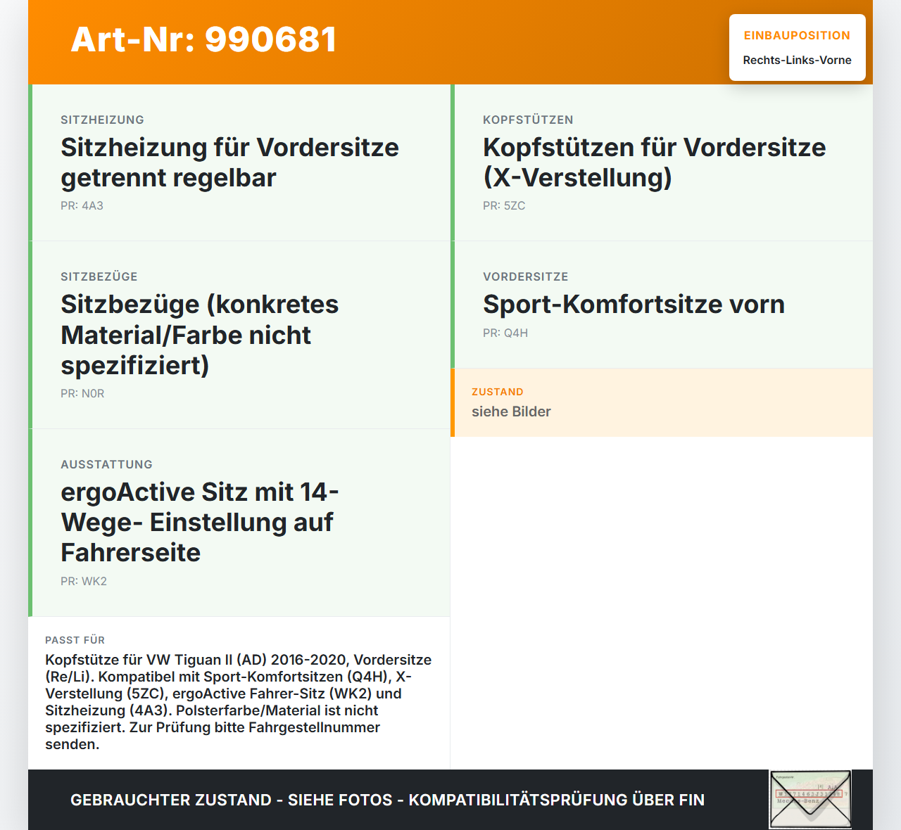 VW Tiguan II AD 16-20 Kopfstütze für Fahrer Sitz Rechts oder Links Vorne VW Tiguan II AD 16-20 11.11.2016... Vorschau 3