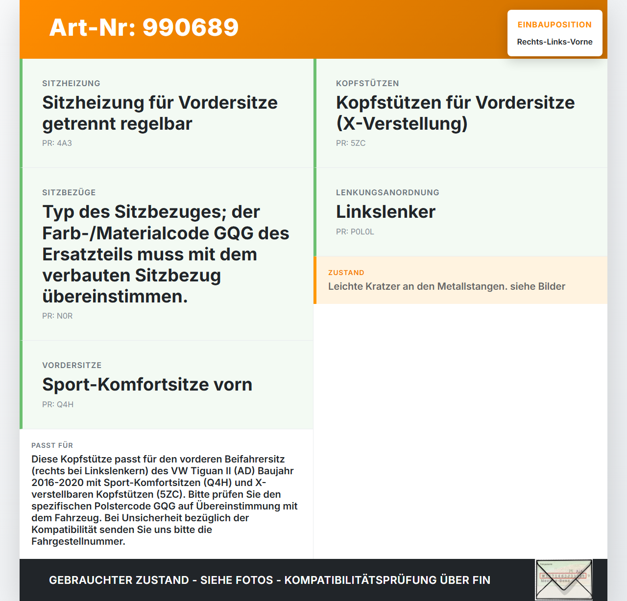 VW Tiguan II AD 16-20 Kopfstütze für Beifahrer Sitz Rechts oder Links Vorne VW Tiguan II AD 16-20 11.11.2016... Vorschau 3