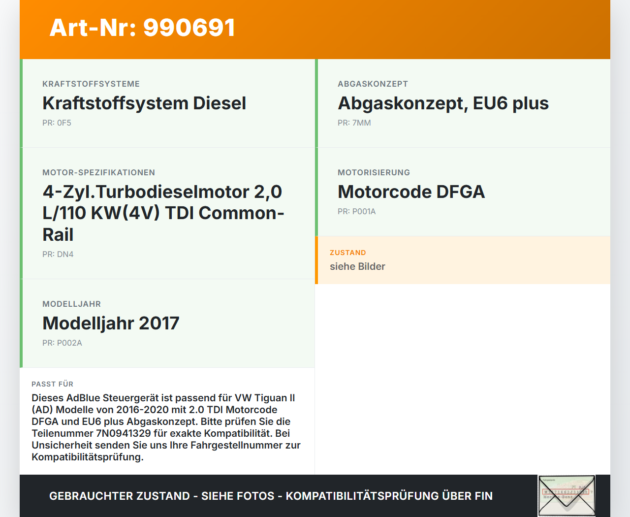 VW Tiguan II AD 16-20 Steuergerät ECU Modul AdBlue SG VW Tiguan II AD 16-20 11.11.2016 7N0941329 0444050137... Vorschau 3