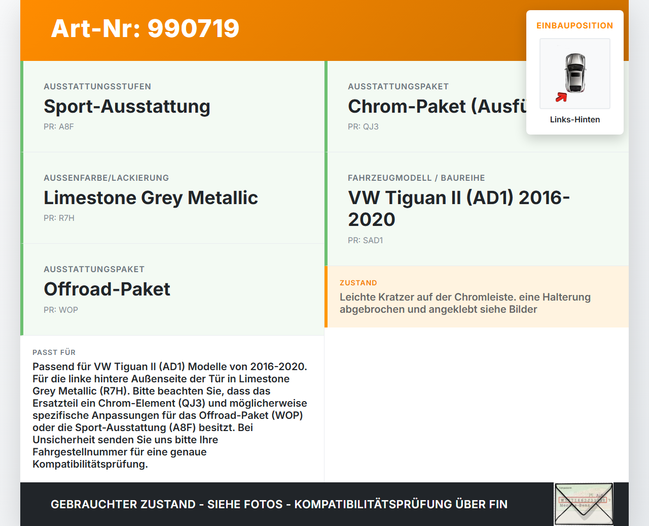 VW Tiguan II AD 16-20 Türleiste Beplankung Links Hinten Aussen LR7H VW Tiguan II AD 16-20 11.11.2016 5NA854949P... Vorschau 3