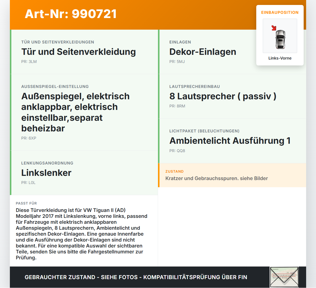 VW Tiguan II AD 16-20 Türverkleidung Türpappe Links Vorne VW Tiguan II AD 16-20 11.11.2016 5NB867011AF 5NA867012... Vorschau 3