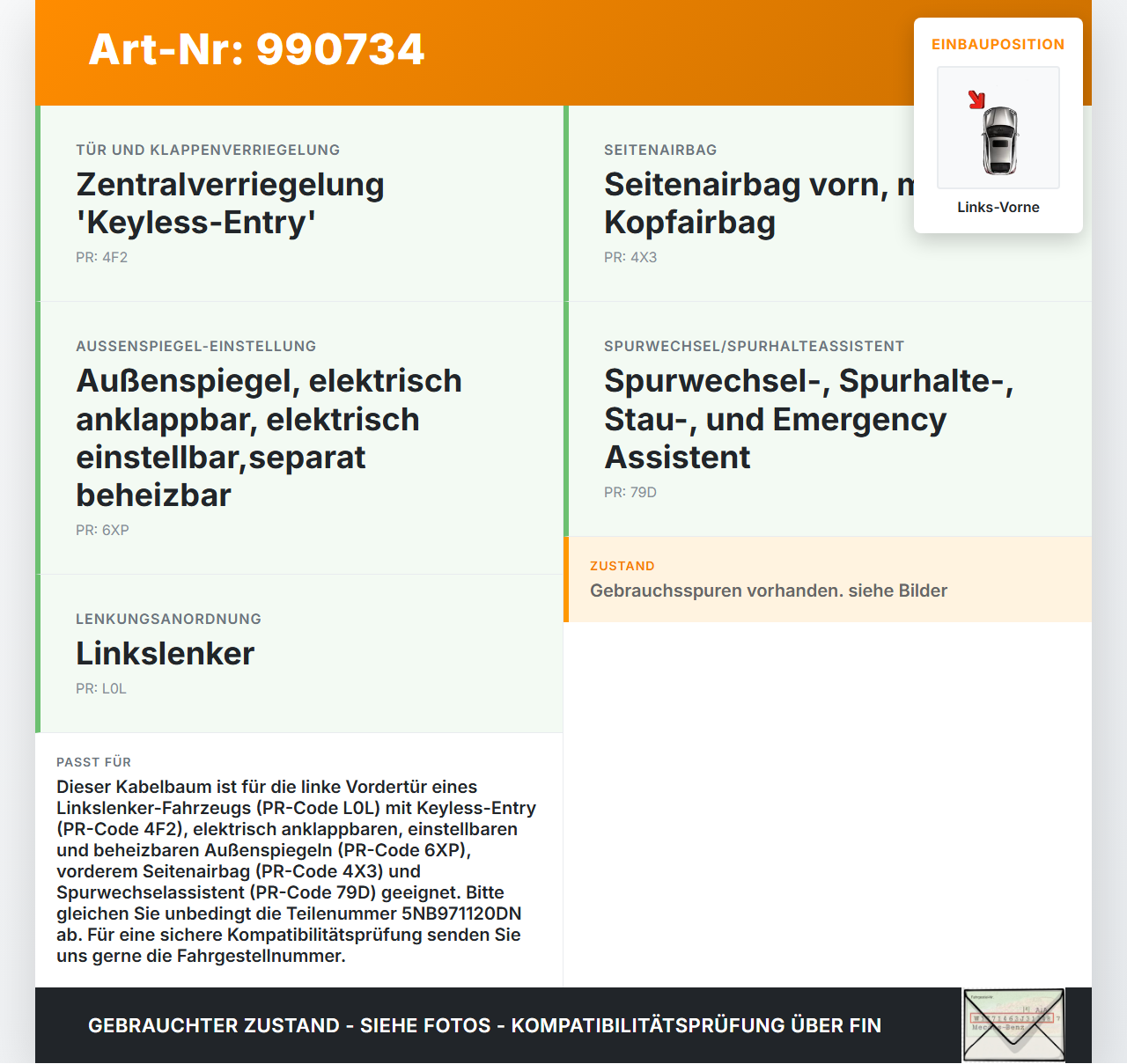 VW Tiguan II AD 16-20 Kabelbaum Tür und Fensterheber Links Vorne VW Tiguan II AD 16-20 11.11.2016 5NB971120DN gebraucht Vorschau 3