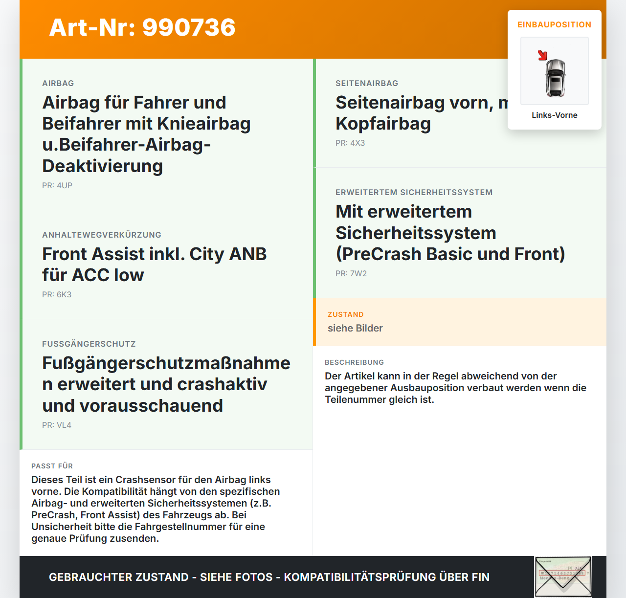 VW Tiguan II AD 16-20 Sensor für Airbag Crashsensor Airbagsensor Links Vorne VW Tiguan II AD 16-20 11.11.2016... Vorschau 3