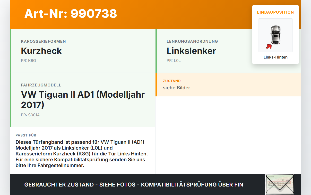 VW Tiguan II AD 16-20 Türfangband Türbremse Türanschlag Links Hinten VW Tiguan II AD 16-20 11.11.2016 5NA839249... Vorschau 3
