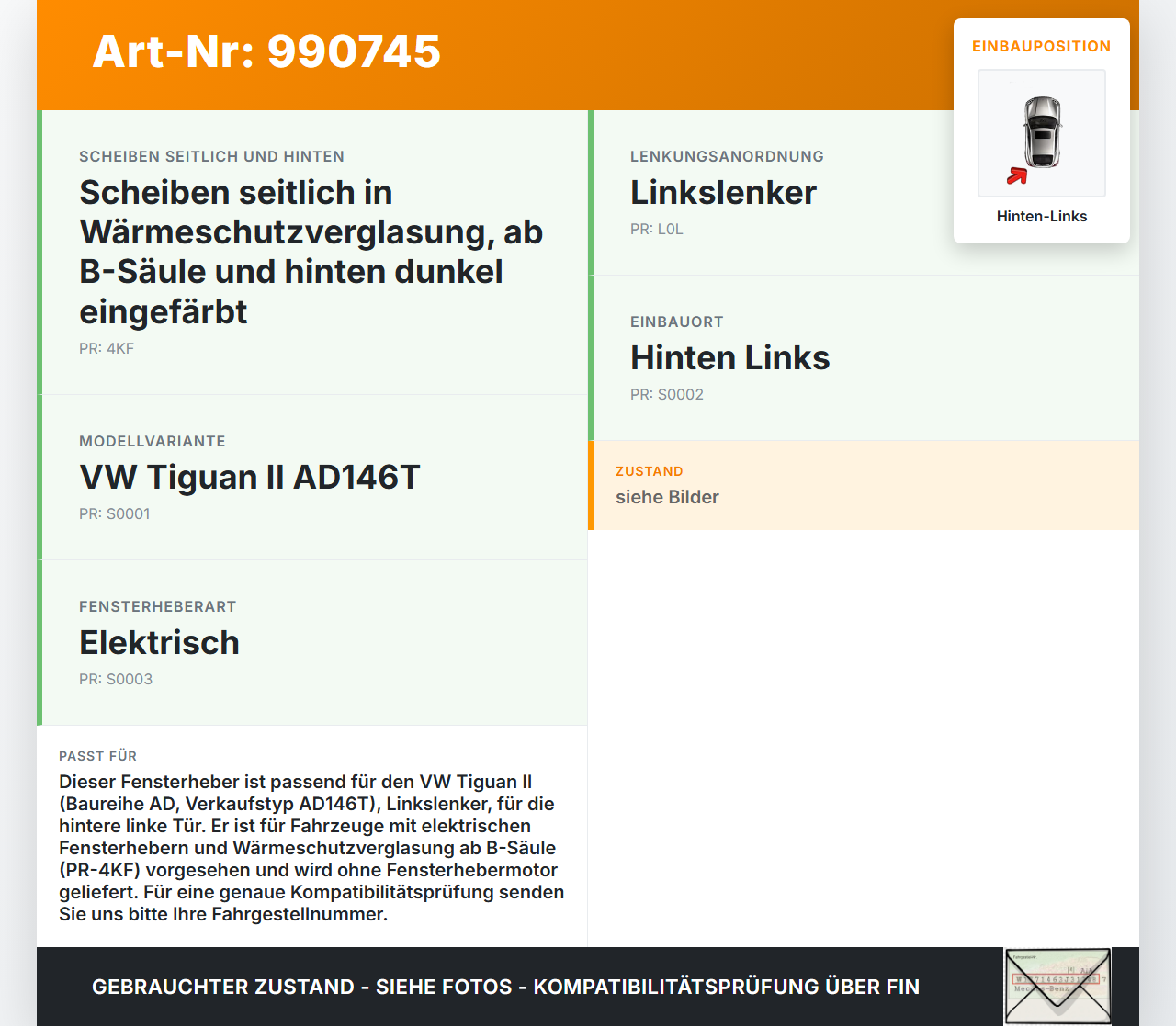 VW Tiguan II AD 16-20 Fensterheber o. FH-Motor Hinten Links VW Tiguan II AD 16-20 11.11.2016 5NA839461C gebraucht Vorschau 3