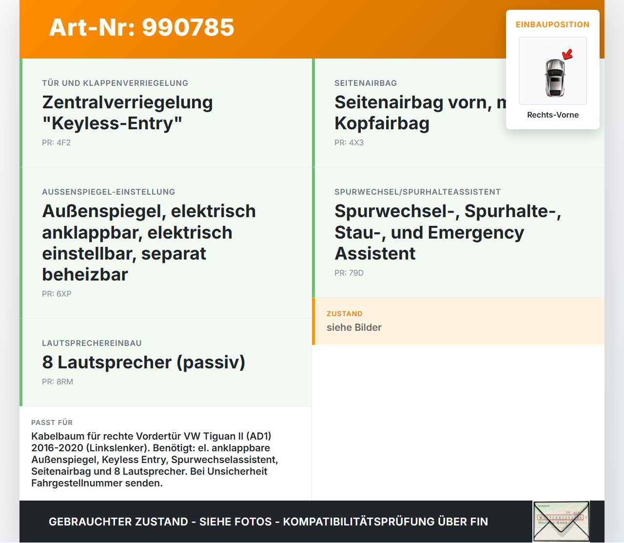 VW Tiguan II AD 16-20 Kabelbaum für Tür und Fensterheber Rechts Vorne VW Tiguan II AD 16-20 11.11.2016 5NB971121FC... Vorschau 3