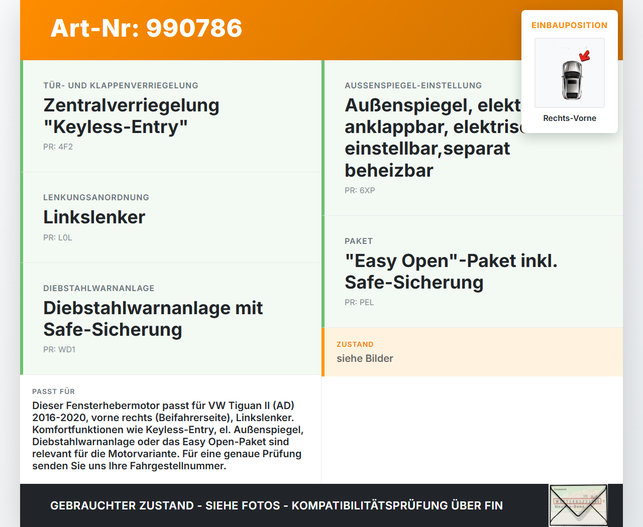 VW Tiguan II AD 16-20 Fensterhebermotor Rechts Vorne VW Tiguan II AD 16-20 11.11.2016 5Q0959801B 0130822717... Vorschau 3