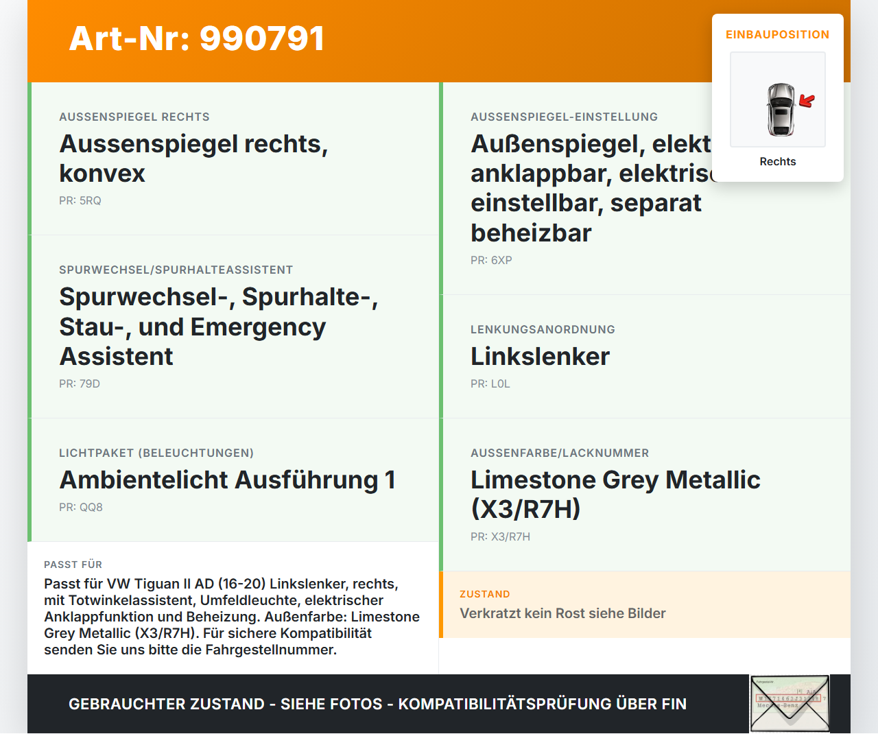 VW Tiguan II AD 16-20 Spiegel Aussenspiegel Rechts Totwinkelassistent Umfeldleuchte LR7H VW Tiguan II AD 16-20... Vorschau 3