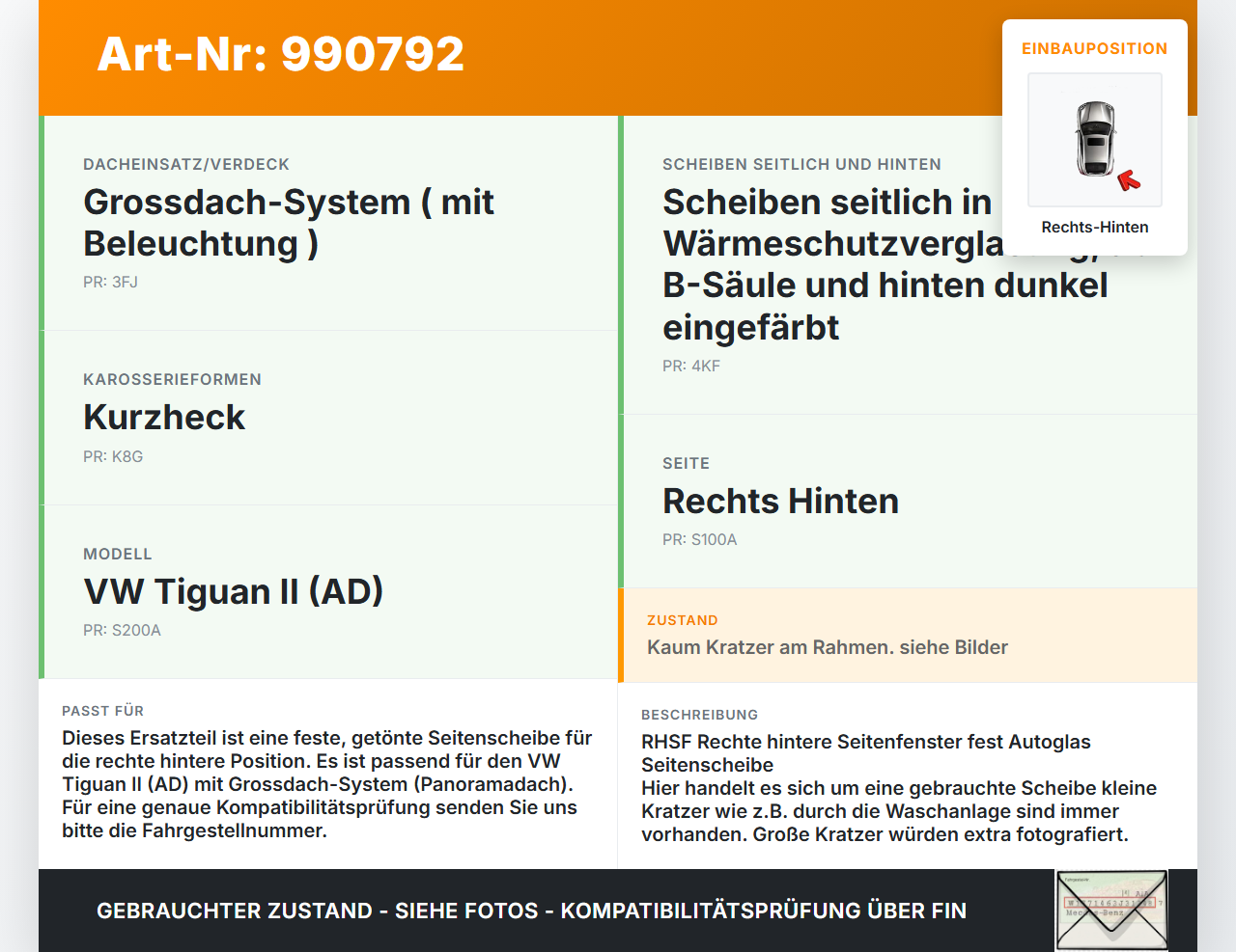 VW Tiguan II AD 16-20 Seitenscheibe Feste Scheibe Rechts Hinten Orig. getönt VW Tiguan II AD 16-20 11.11.2016... Vorschau 3