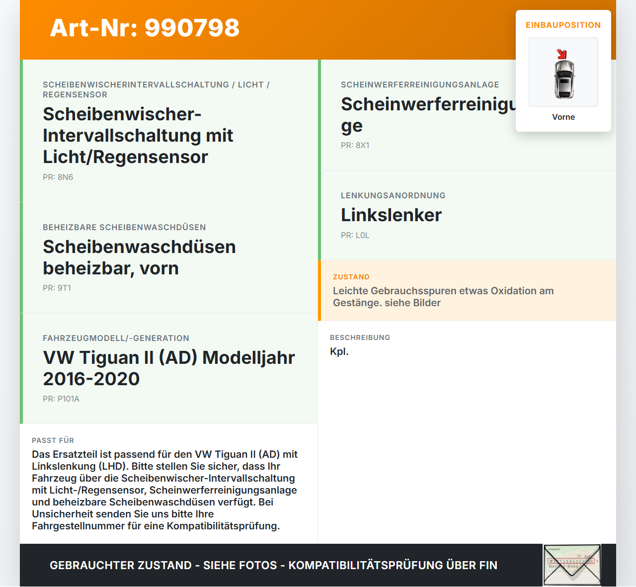 VW Tiguan II AD 16-20 Wischermotor mit Wischergestänge Vorne VW Tiguan II AD 16-20 11.11.2016 5NB955023A 5NB955023... Vorschau 3