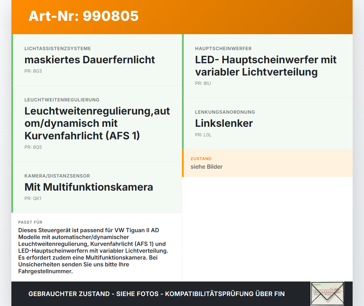 VW Tiguan II AD 16-20 Steuergerät SG AFS Kurvenlicht VW Tiguan II AD 16-20 11.11.2016 7P6907357E 7P6907357A... Vorschau 3