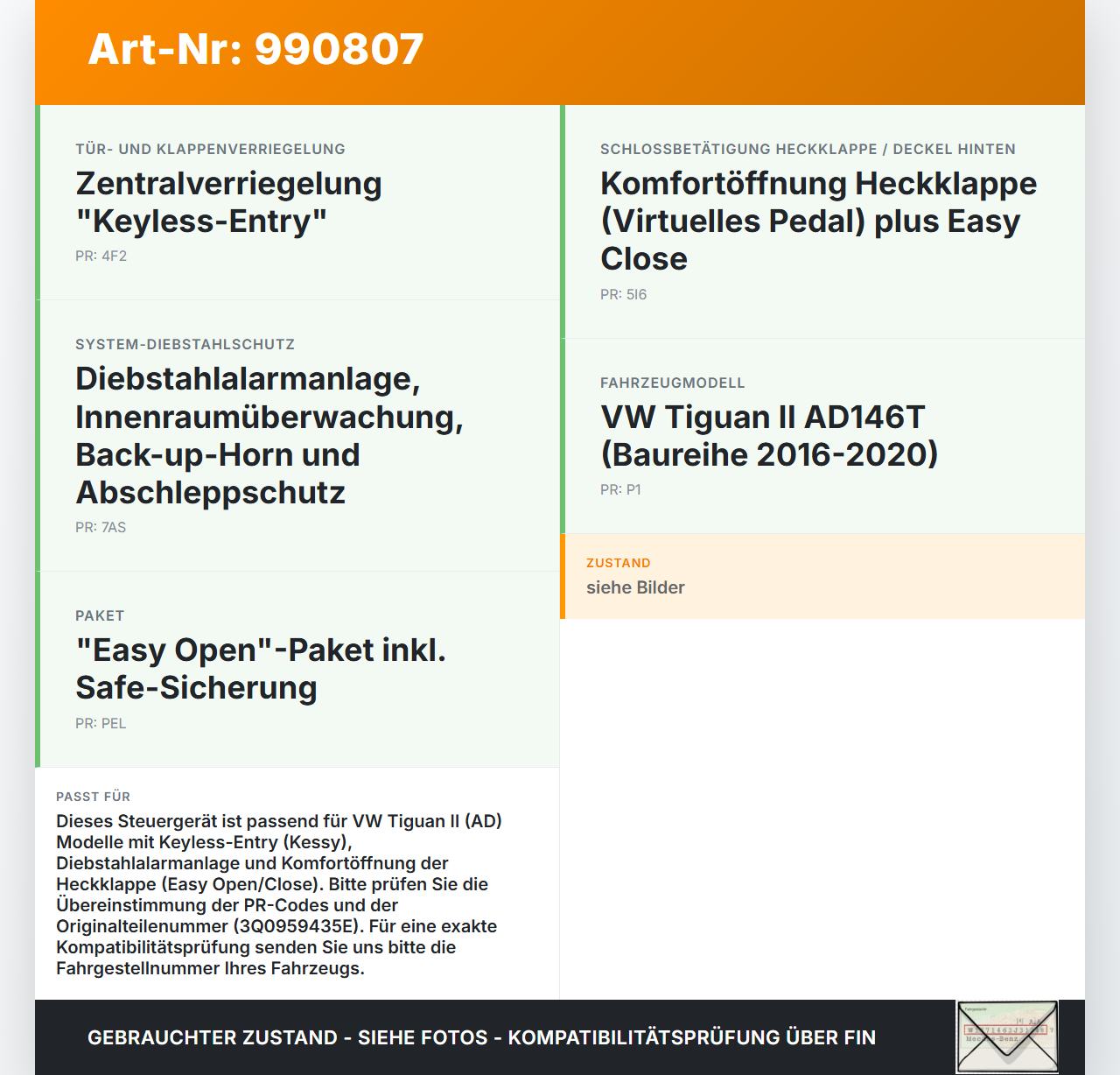 VW Tiguan II AD 16-20 Steuergerät SG Startberechtigung Kessy MQB-B VW Tiguan II AD 16-20 11.11.2016 3Q0959435N... Vorschau 3
