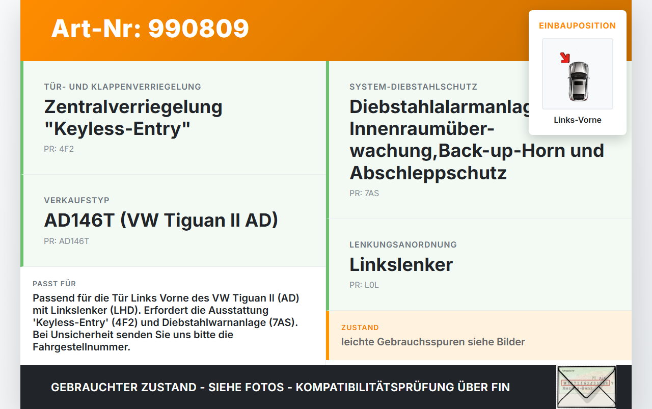 VW Tiguan II AD 16-20 Schließzylinder Türschloss für Tür Links Vorne VW Tiguan II AD 16-20 11.11.2016 5NA898375H... Vorschau 3