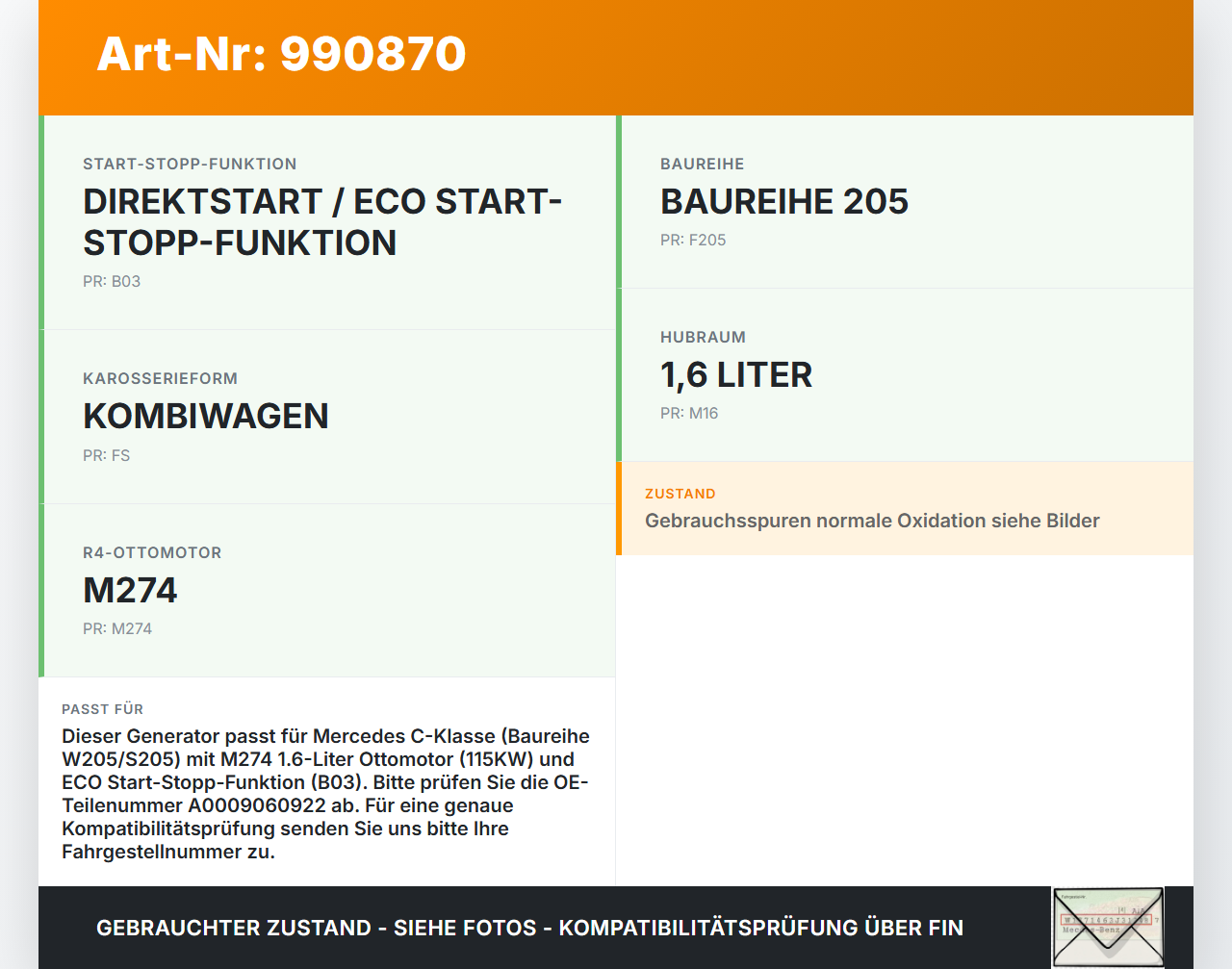 Mercedes S205 W205 14-18 1,6 115KW Lichtmaschine Generator Mercedes S205 W205 14-18 16.04.2015 A0009060922... Vorschau 3
