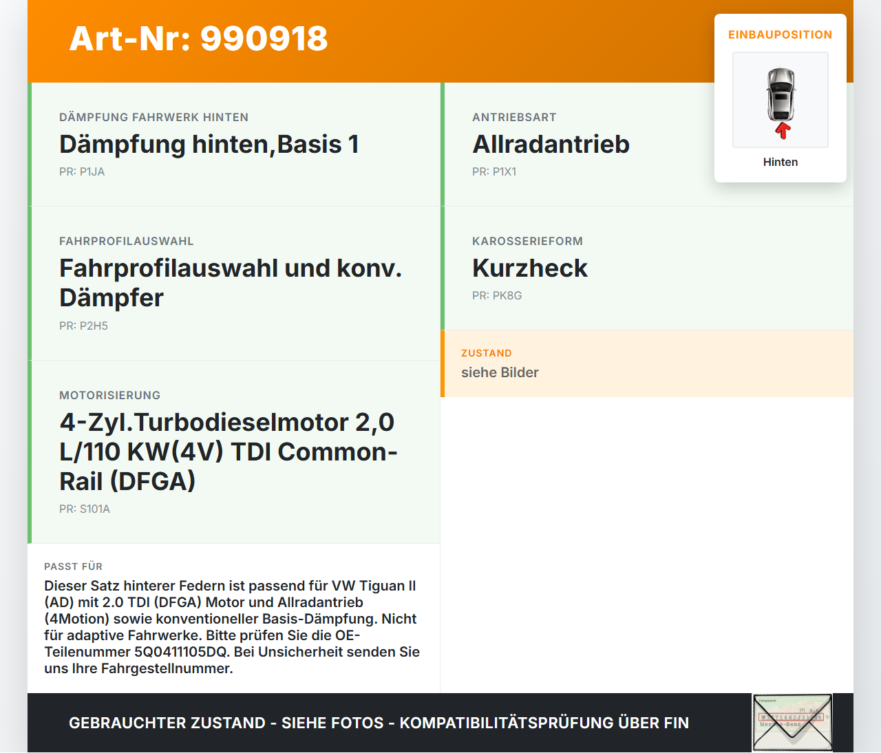 VW Tiguan II AD 16-20 Beide Feder Federn Hinten VW Tiguan II AD 16-20 11.11.2016 5Q0411105DQ gebraucht Vorschau 3