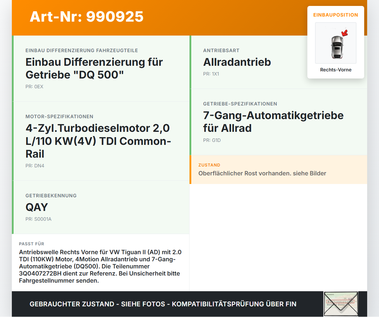 VW Tiguan II AD 16-20 TDI 2,0 110KW Autom 4WD Antriebswelle Gelenkwelle Rechts Vorne VW Tiguan II AD 16-20... Vorschau 3