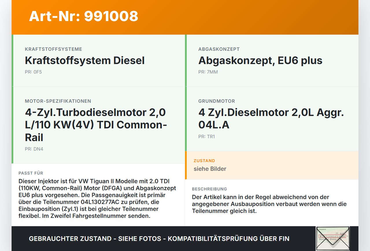 VW Tiguan II AD 16-20 TDI 2,0 110KW Injektor Einspritzdüse Zyl.1 VW Tiguan II AD 16-20 11.11.2016 04L130277AC... Vorschau 3