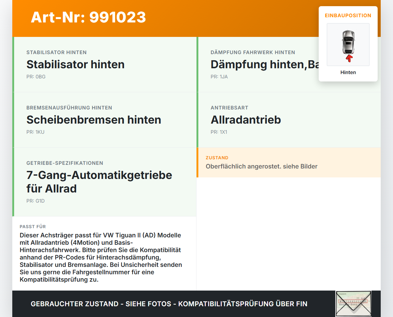 VW Tiguan II AD 16-20 Achsträger Hinterachse Achskörper Achse Hinten VW Tiguan II AD 16-20 11.11.2016 5Q0505235J... Vorschau 3