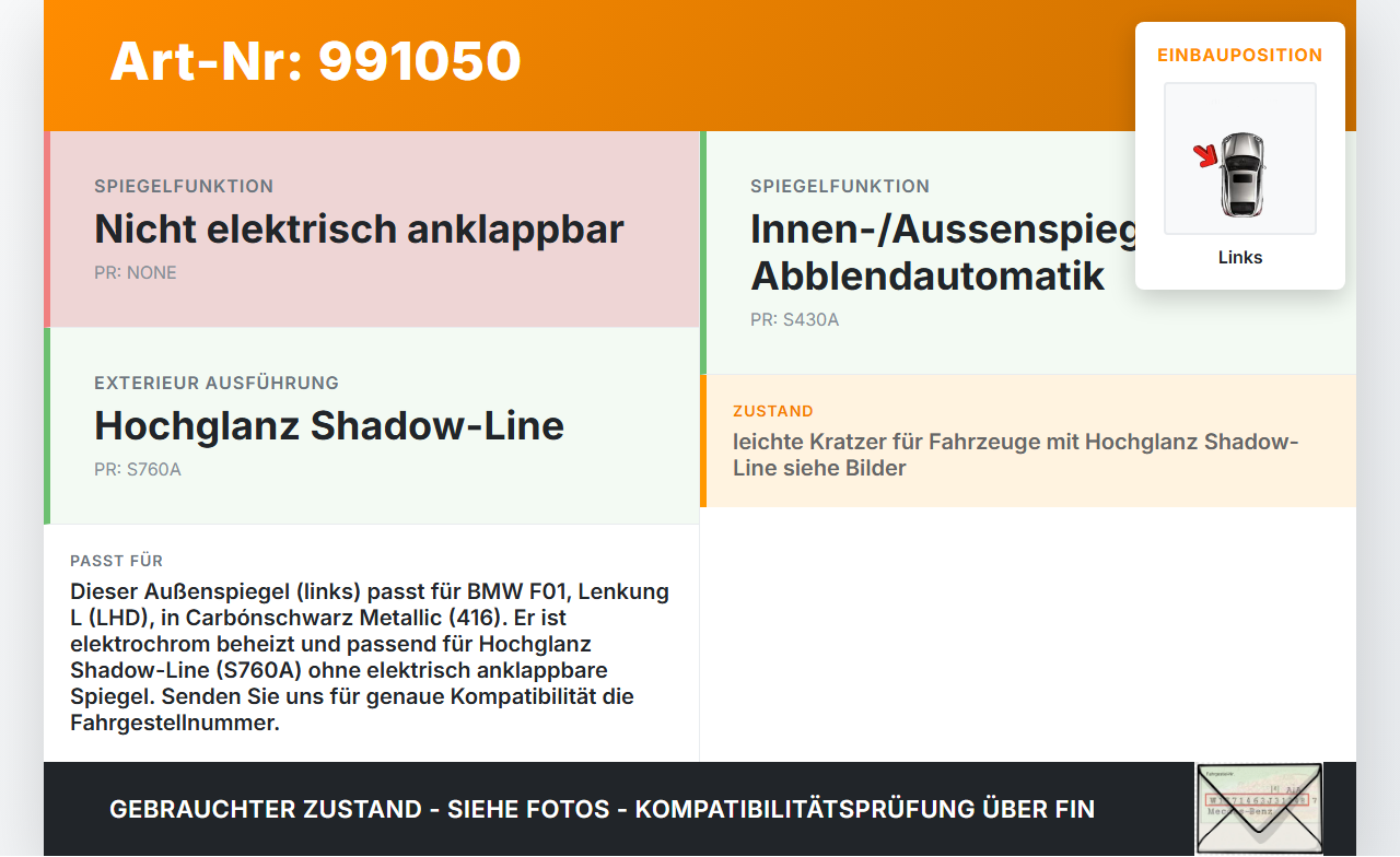 BMW F01 750iX 08-12 Spiegel Aussenspiegel Links Elektrochrom beheizt 416 BMW F01 750iX 08-12 09.06.2011... Vorschau 3