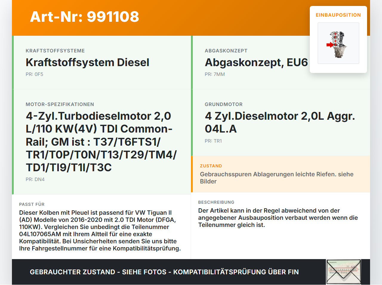 VW Tiguan II AD 16-20 TDI 2,0 110KW DFGA Kolben mit Pleuel Pos A VW Tiguan II AD 16-20 11.11.2016 04L107065AM... Vorschau 3