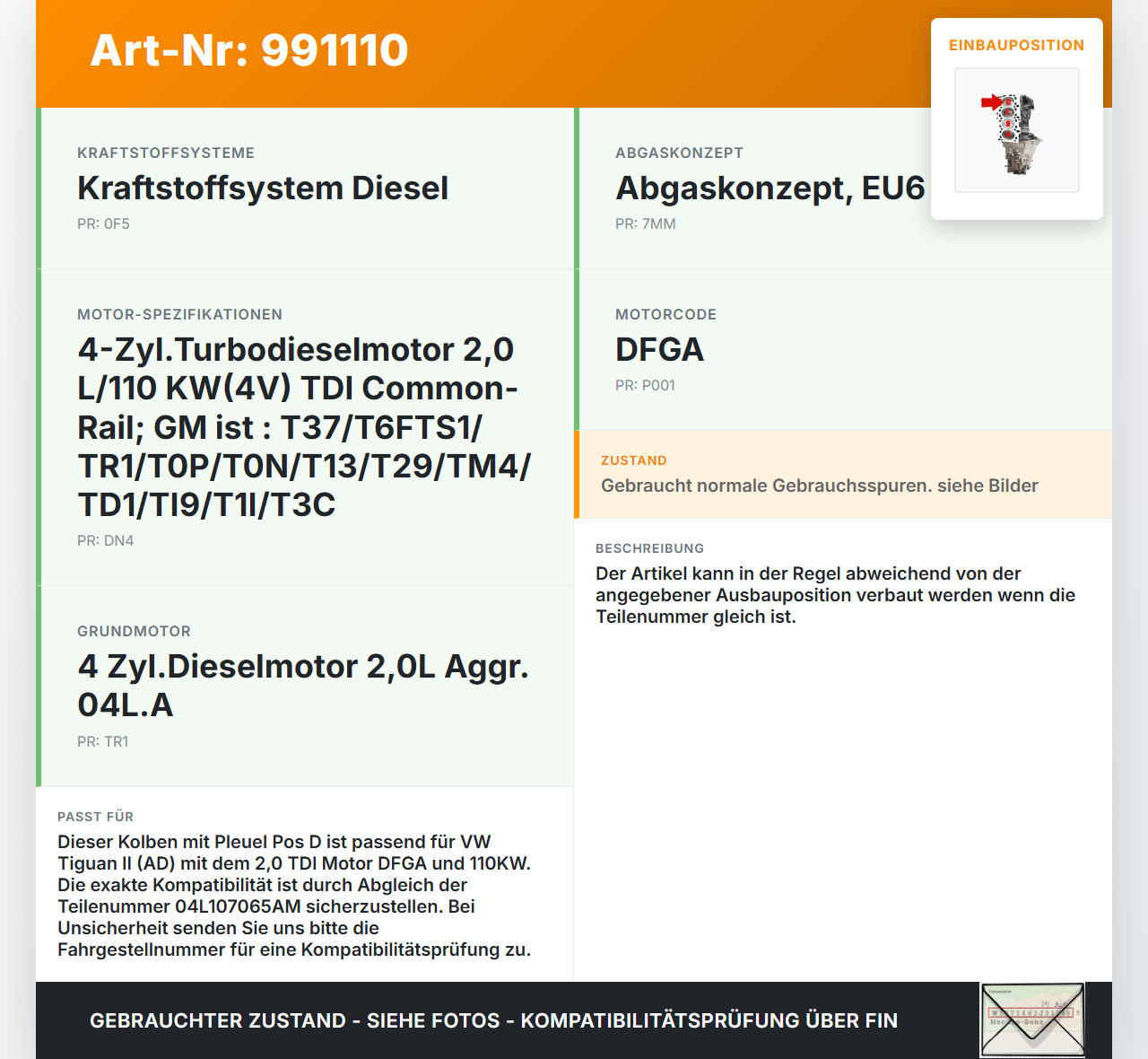 VW Tiguan II AD 16-20 TDI 2,0 110KW DFGA Kolben mit Pleuel Pos D VW Tiguan II AD 16-20 11.11.2016 04L107065AM... Vorschau 3