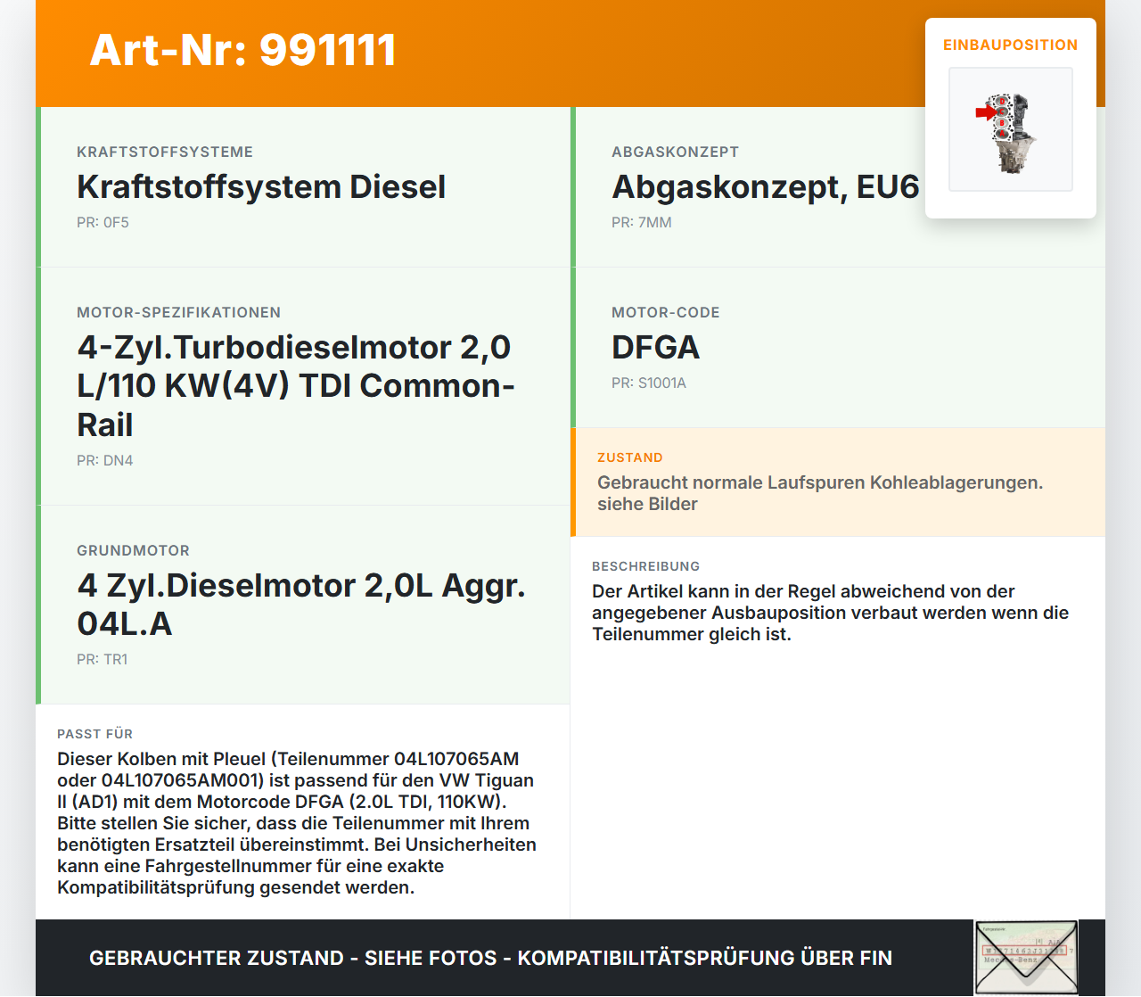 VW Tiguan II AD 16-20 TDI 2,0 110KW DFGA Kolben mit Pleuel Pos C VW Tiguan II AD 16-20 11.11.2016 04L107065AM... Vorschau 3