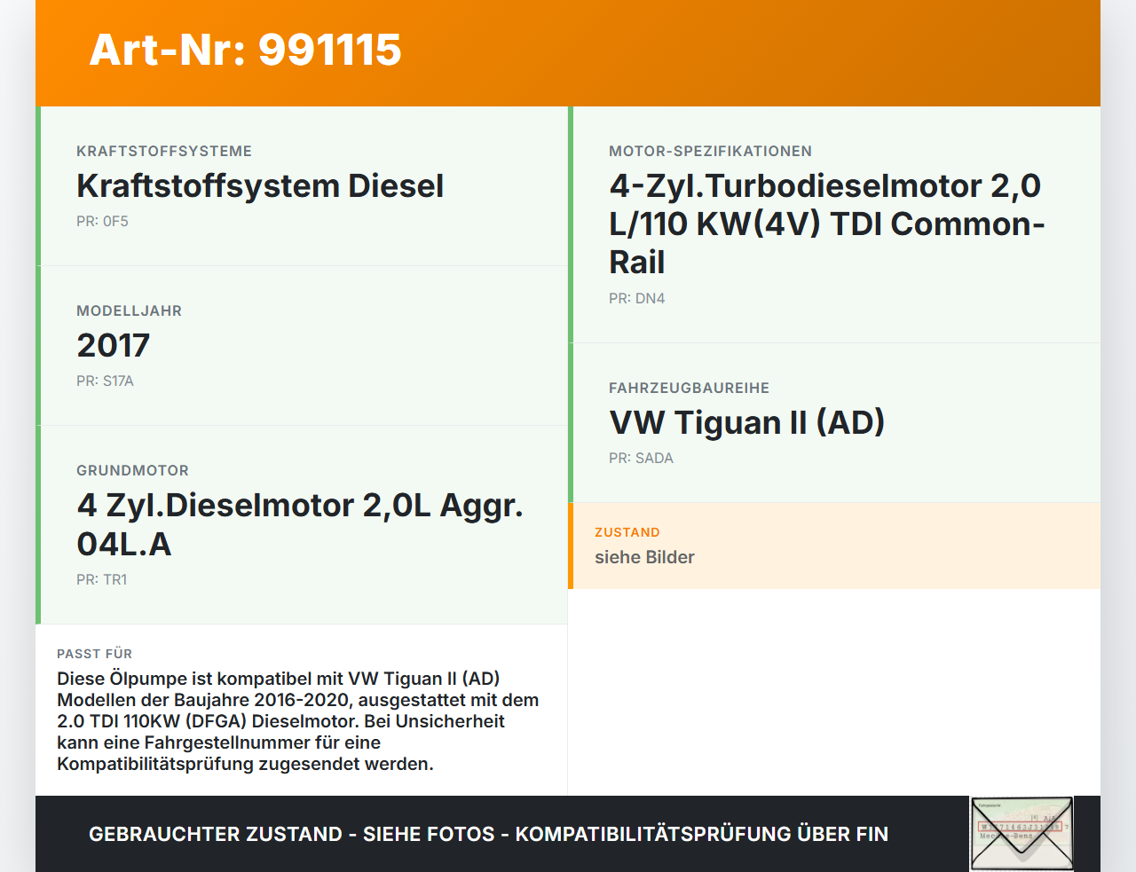 VW Tiguan II AD 16-20 TDI 2,0 110KW DFGA Ölpumpe VW Tiguan II AD 16-20 11.11.2016 04L145208AB gebraucht Vorschau 3