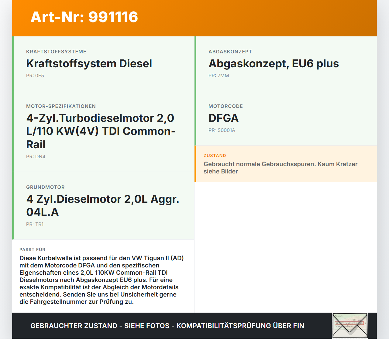 VW Tiguan II AD 16-20 TDI 2,0 110KW DFGA Kurbelwelle VW Tiguan II AD 16-20 11.11.2016 - gebraucht Vorschau 3