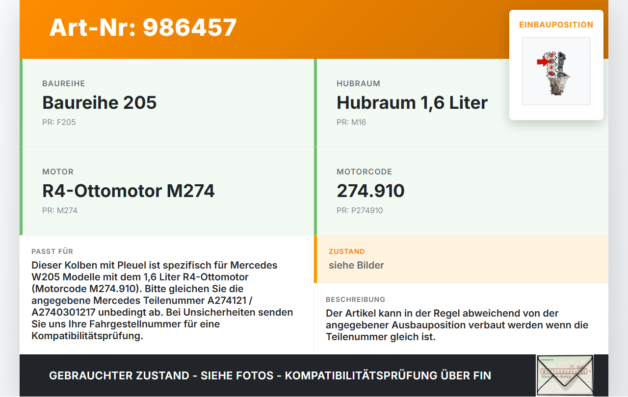 Mercedes W205 C180 14-19 1,6 115KW 274910 Kolben mit Pleuel Pos C Mercedes W205 C180 14-19 26.03.2015 A274121... Vorschau 3